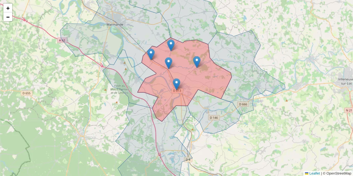 Carte de la zone du code postal  et des codes postaux voisins en France