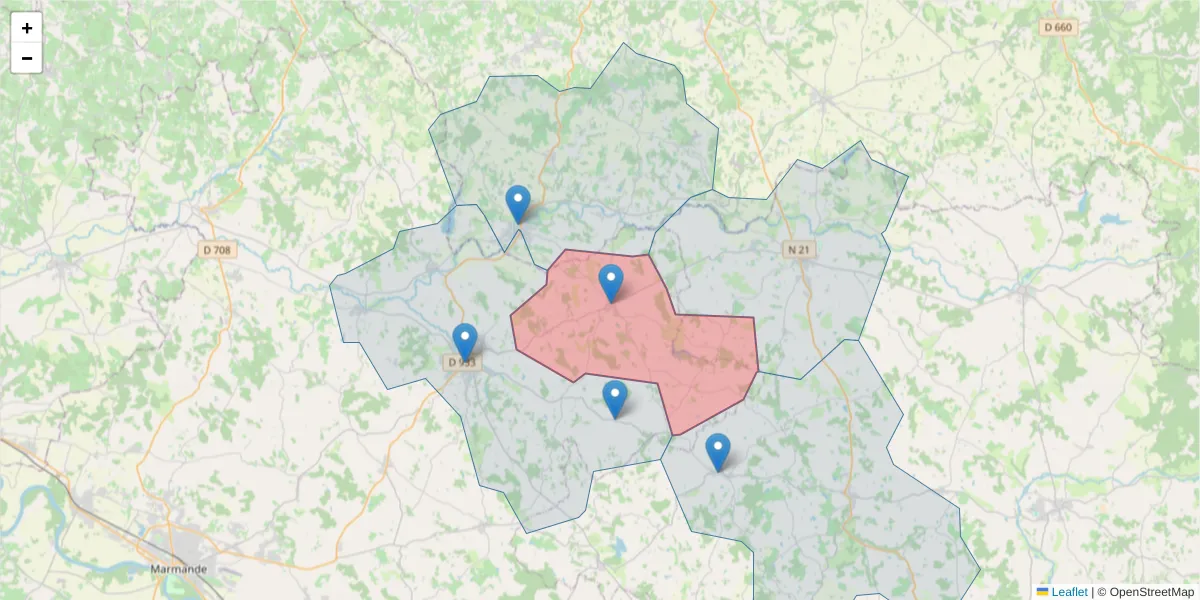 Carte de la zone du code postal  et des codes postaux voisins en France