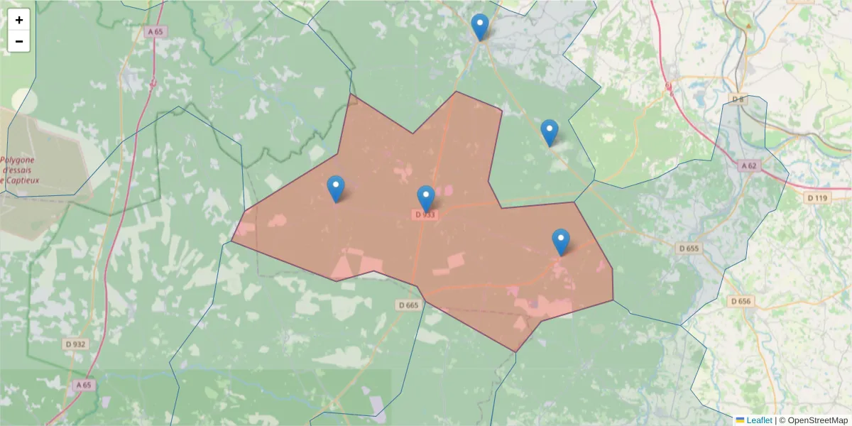 Carte de la zone du code postal  et des codes postaux voisins en France