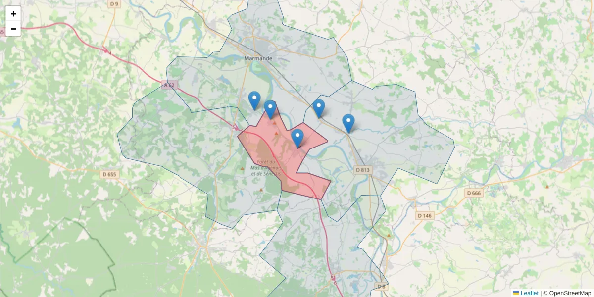 Carte de la zone du code postal  et des codes postaux voisins en France