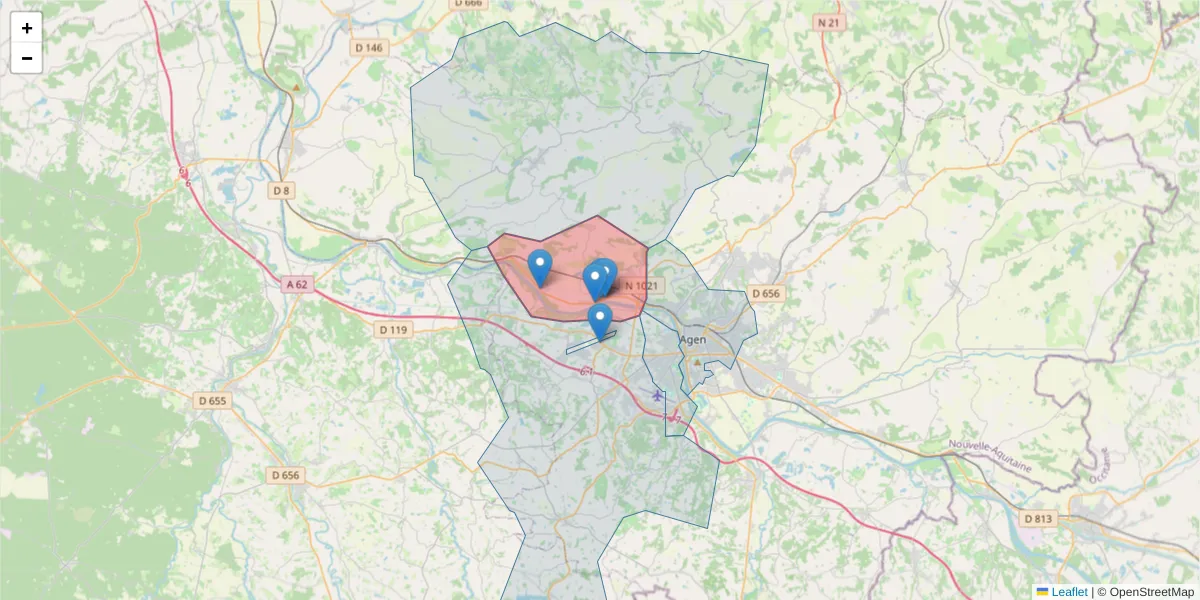 Carte de la zone du code postal  et des codes postaux voisins en France