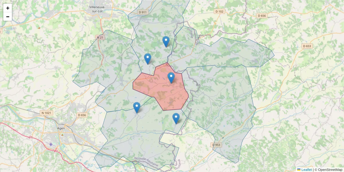 Carte de la zone du code postal  et des codes postaux voisins en France