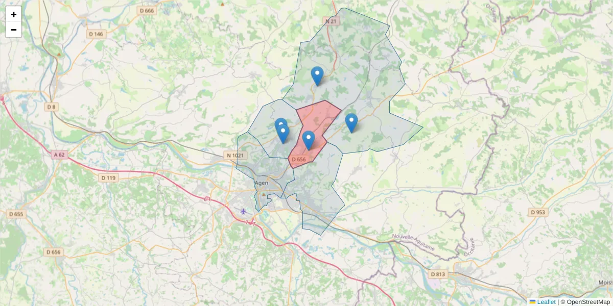 Carte de la zone du code postal  et des codes postaux voisins en France