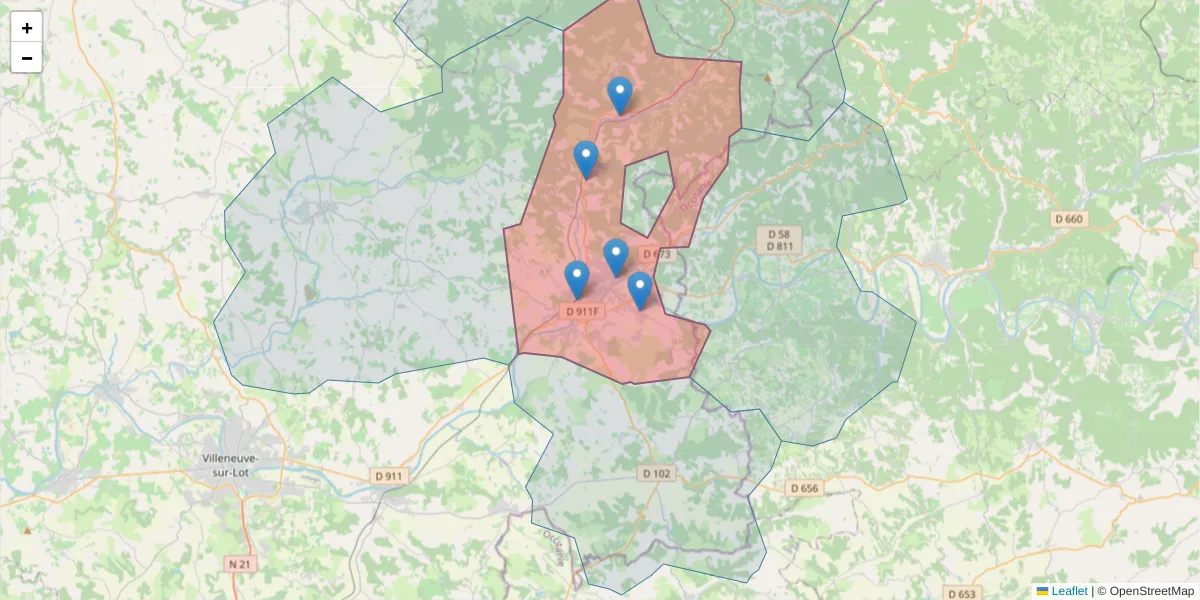 Carte de la zone du code postal  et des codes postaux voisins en France