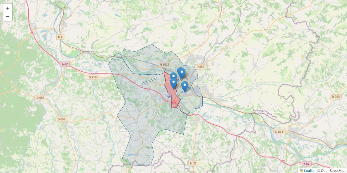 Carte de la zone du code postal  et des codes postaux voisins en France