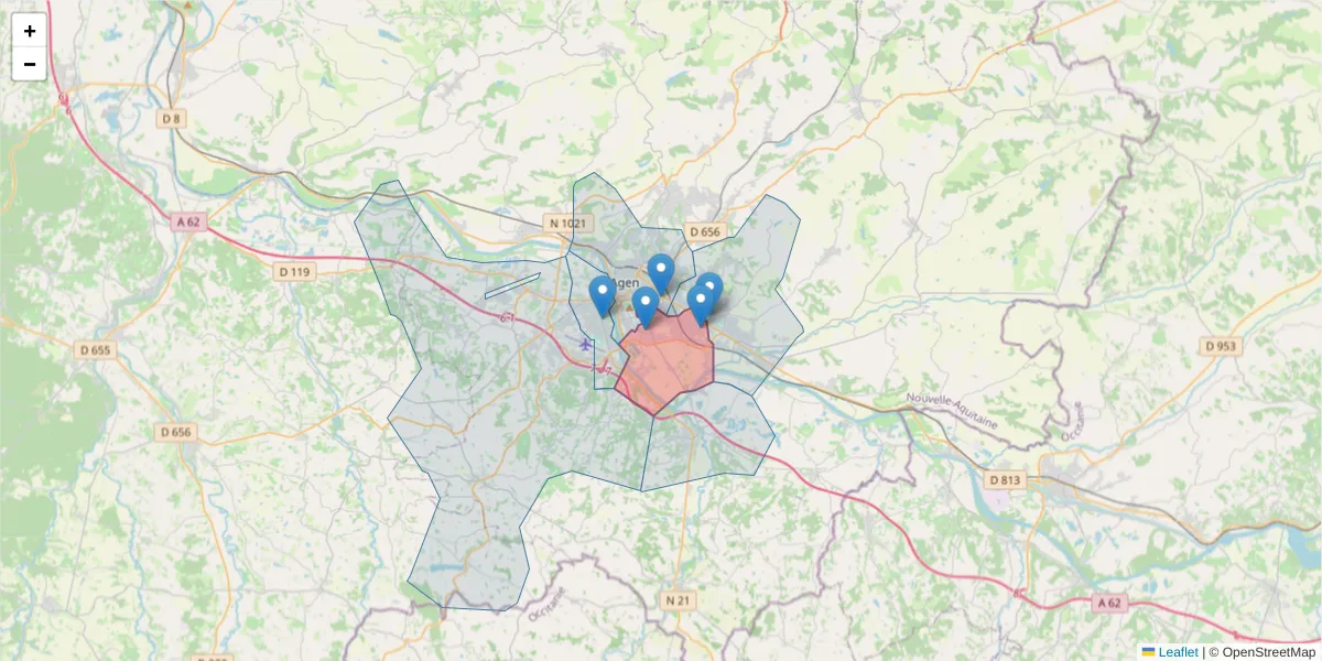 Carte de la zone du code postal  et des codes postaux voisins en France
