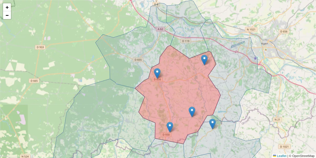 Carte de la zone du code postal  et des codes postaux voisins en France