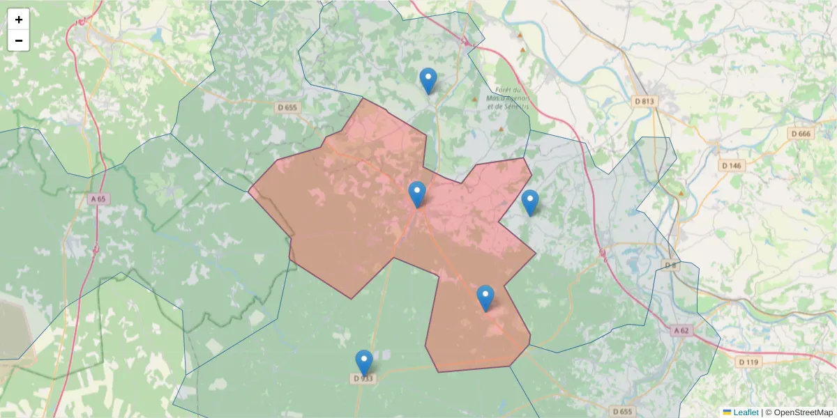 Carte de la zone du code postal  et des codes postaux voisins en France