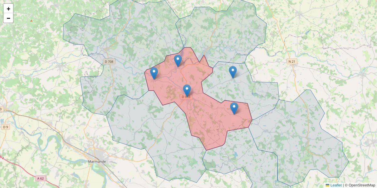 Carte de la zone du code postal  et des codes postaux voisins en France