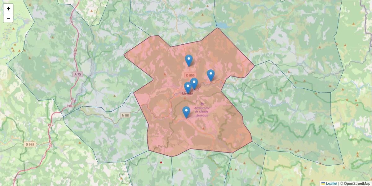 Carte de la zone du code postal  et des codes postaux voisins en France