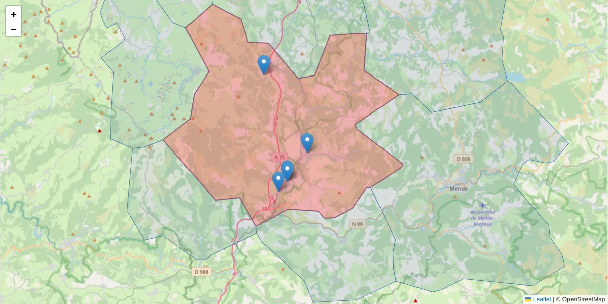 Carte de la zone du code postal  et des codes postaux voisins en France