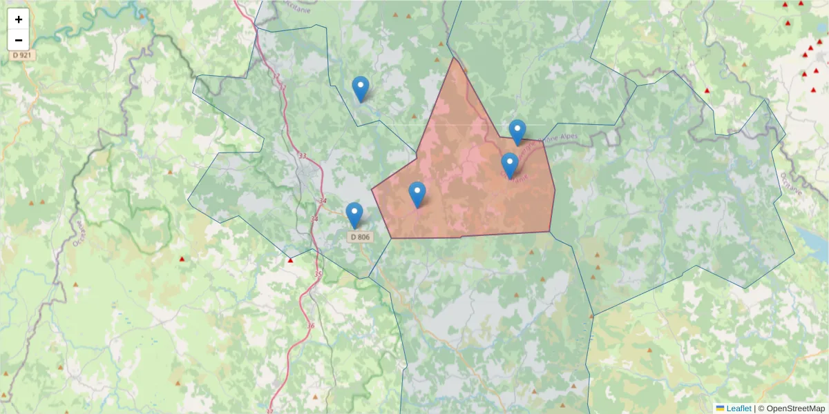 Carte de la zone du code postal  et des codes postaux voisins en France