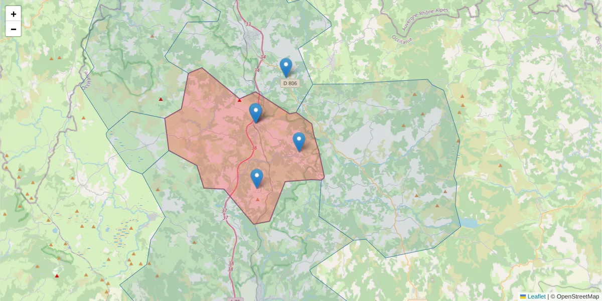 Carte de la zone du code postal  et des codes postaux voisins en France