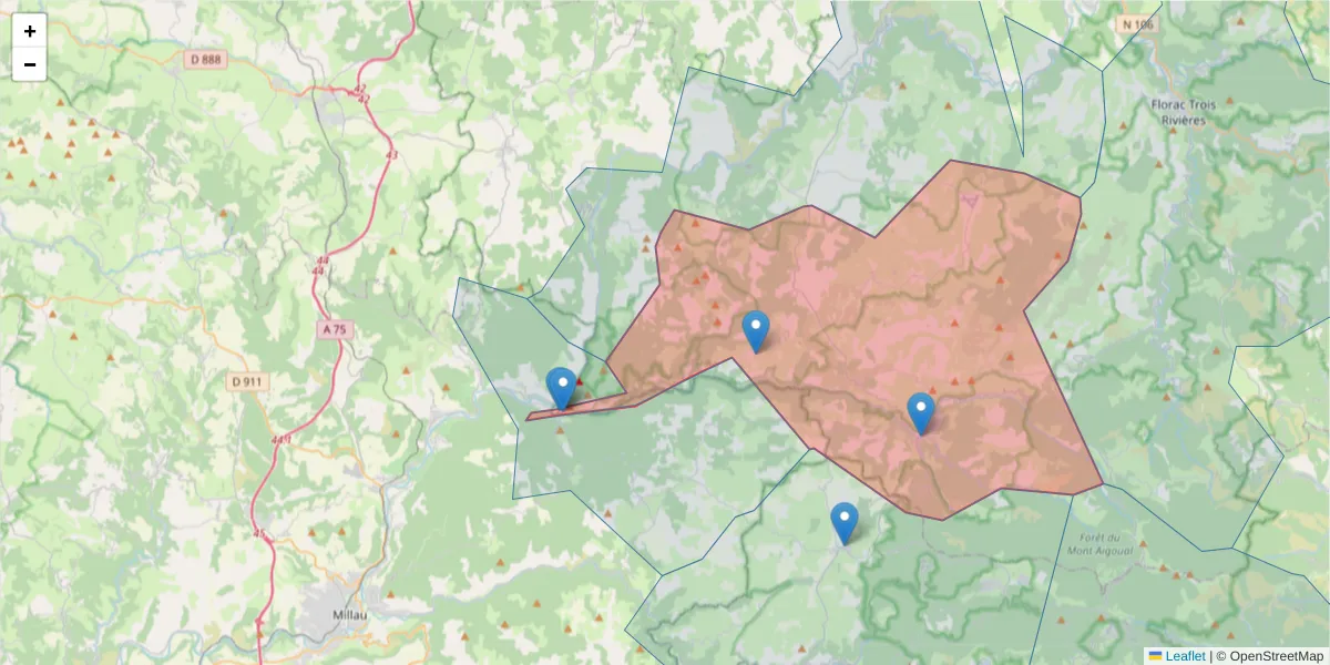 Carte de la zone du code postal  et des codes postaux voisins en France