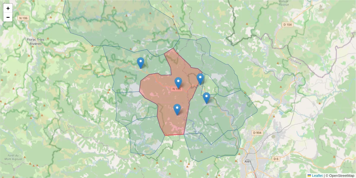 Carte de la zone du code postal  et des codes postaux voisins en France