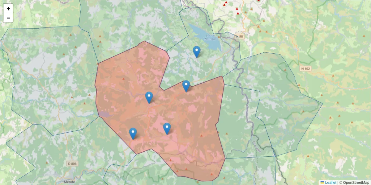 Carte de la zone du code postal  et des codes postaux voisins en France