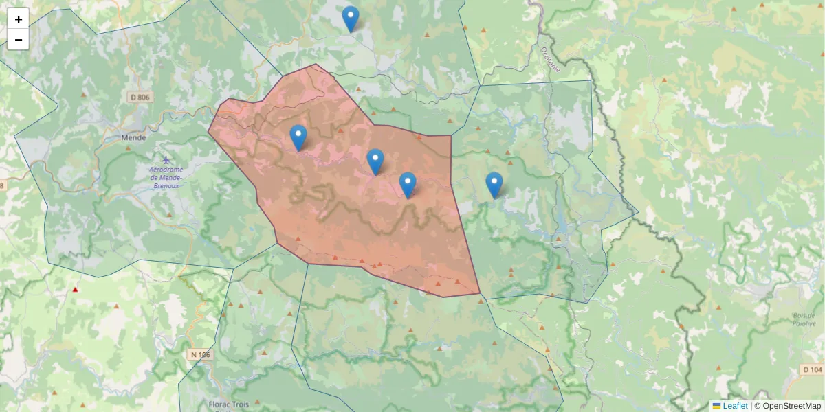 Carte de la zone du code postal  et des codes postaux voisins en France