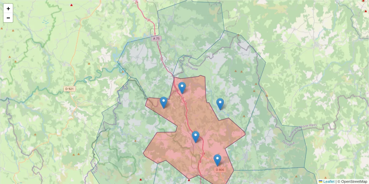 Carte de la zone du code postal  et des codes postaux voisins en France