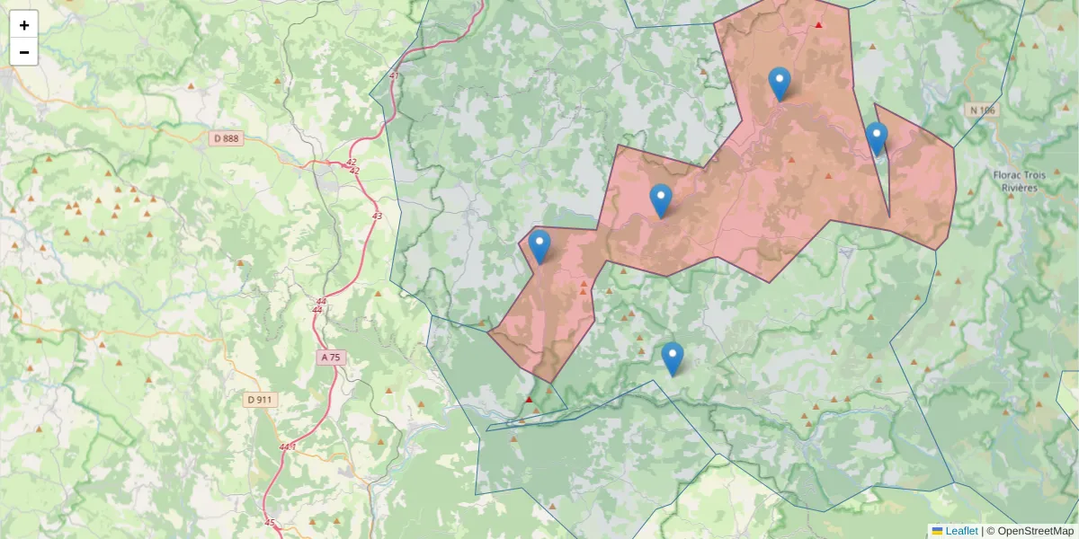 Carte de la zone du code postal  et des codes postaux voisins en France