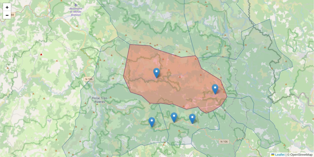Carte de la zone du code postal  et des codes postaux voisins en France