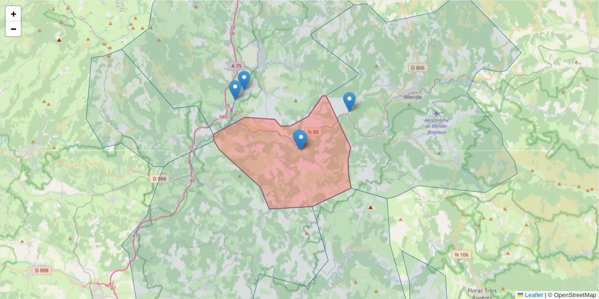 Carte de la zone du code postal  et des codes postaux voisins en France