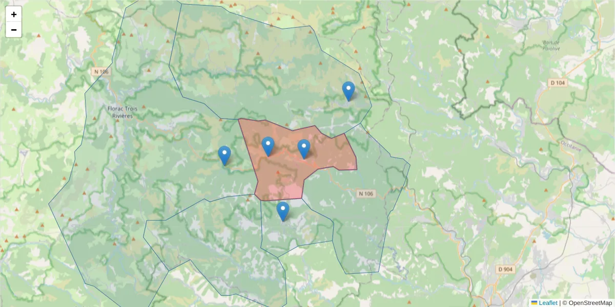 Carte de la zone du code postal  et des codes postaux voisins en France