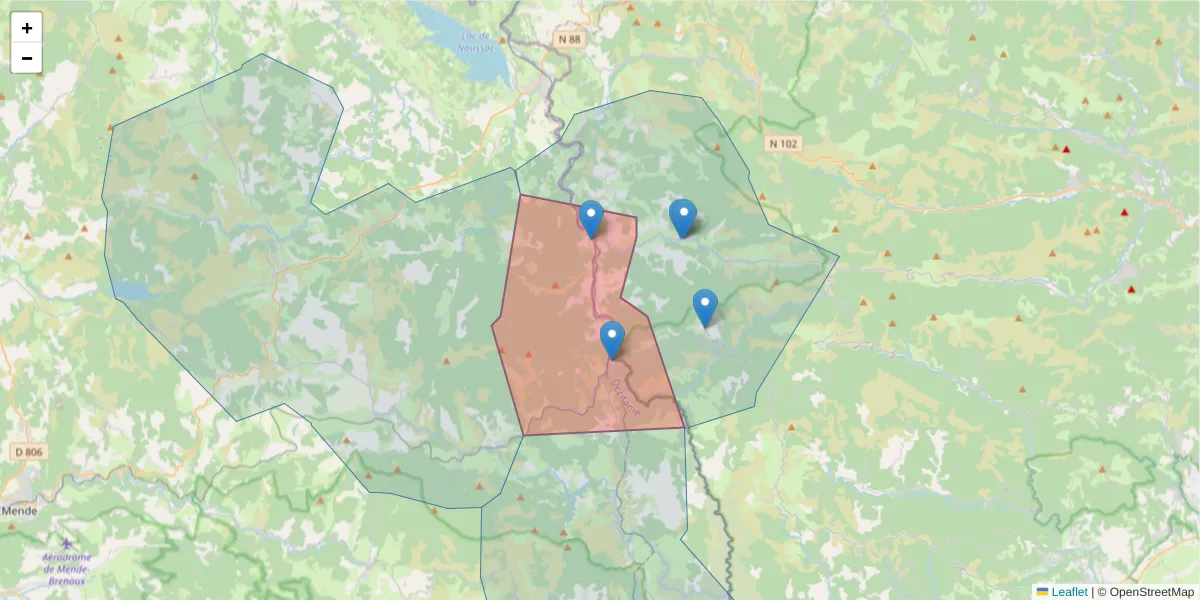 Carte de la zone du code postal  et des codes postaux voisins en France