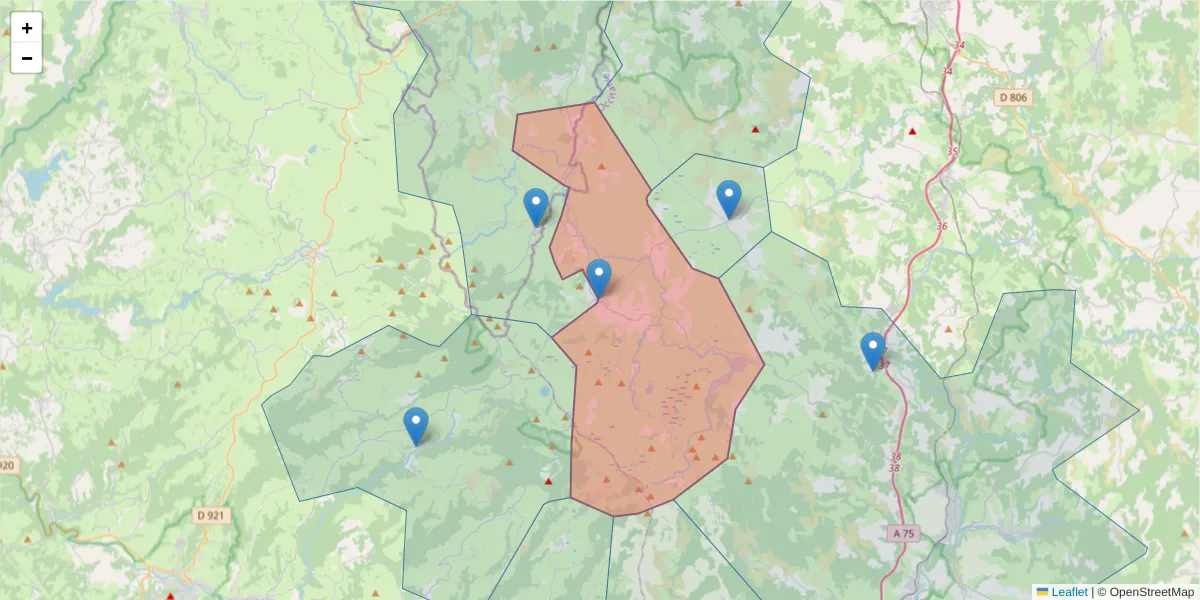 Carte de la zone du code postal  et des codes postaux voisins en France