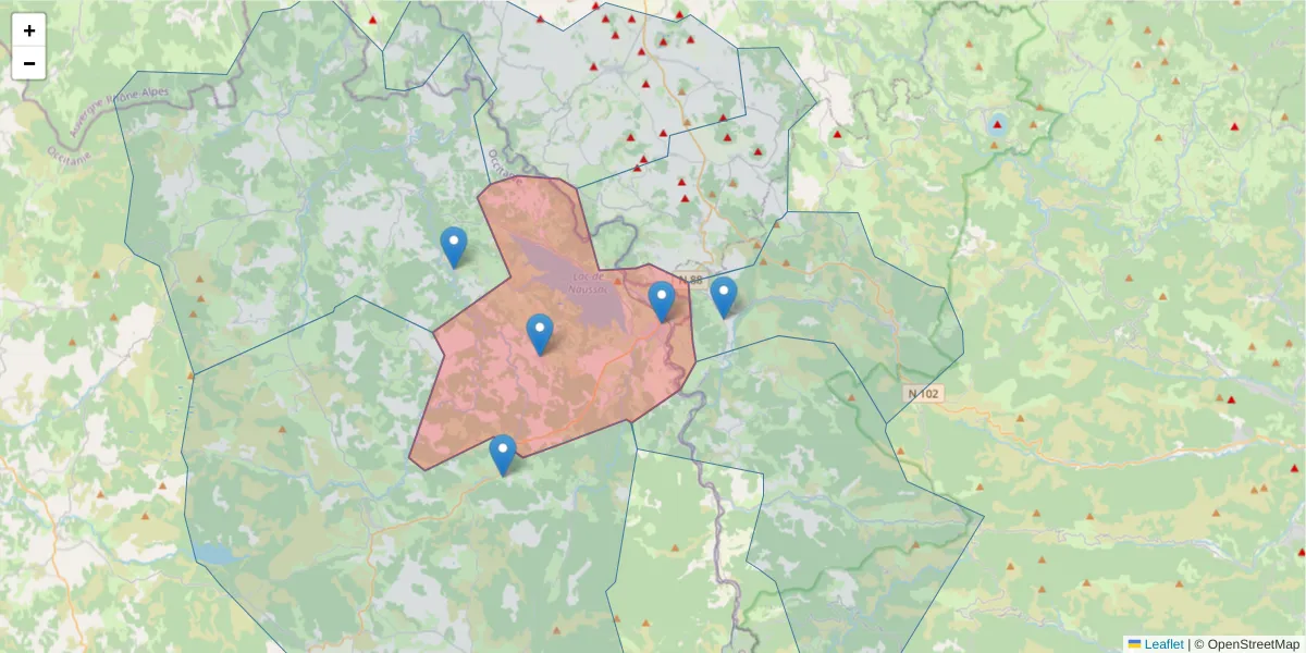 Carte de la zone du code postal  et des codes postaux voisins en France