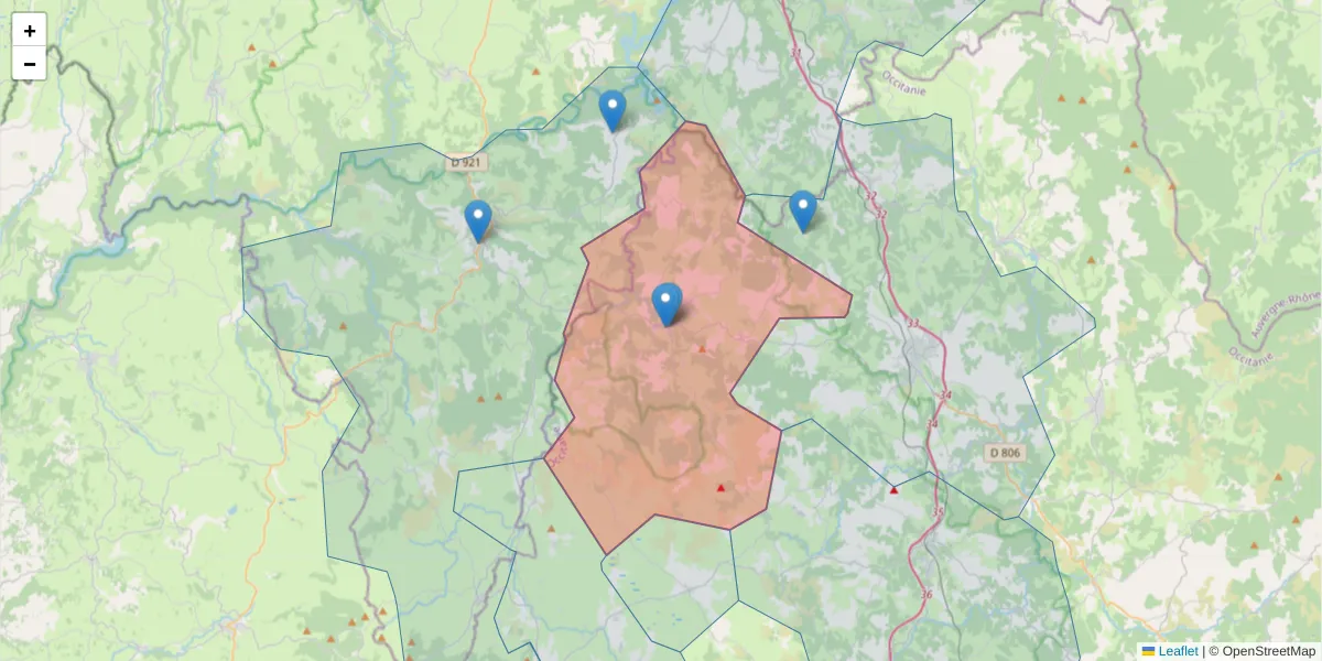 Carte de la zone du code postal  et des codes postaux voisins en France