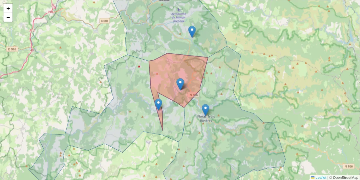 Carte de la zone du code postal  et des codes postaux voisins en France