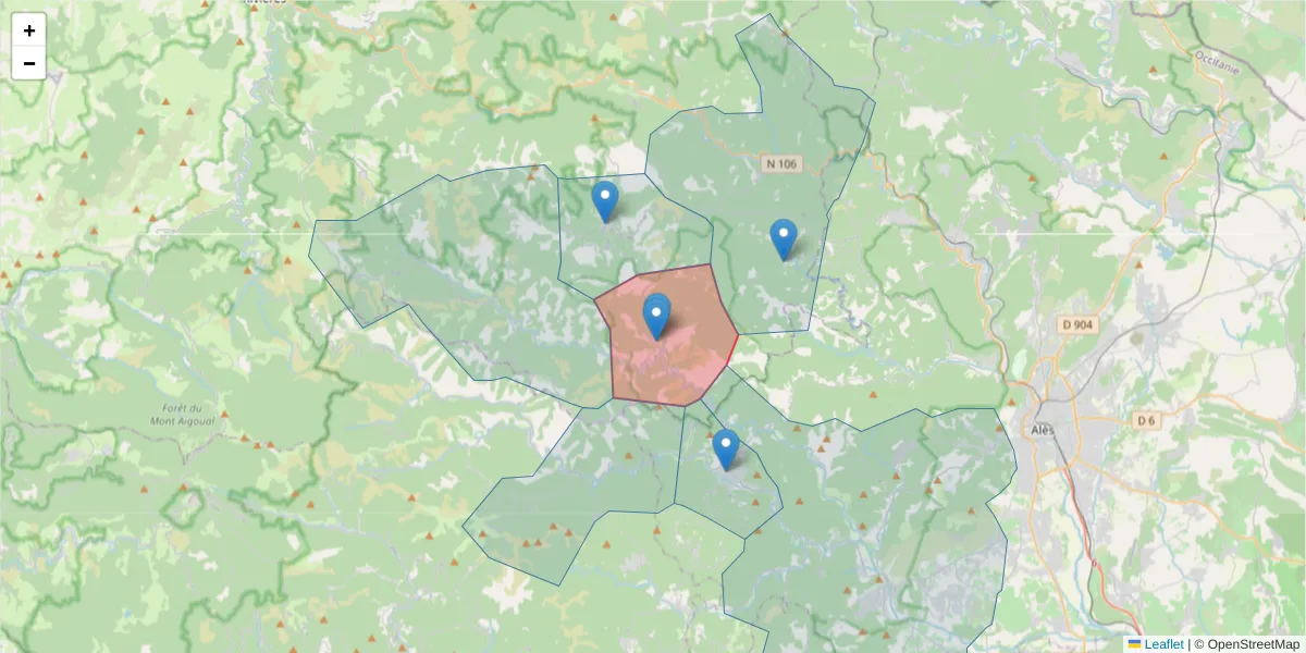 Carte de la zone du code postal  et des codes postaux voisins en France