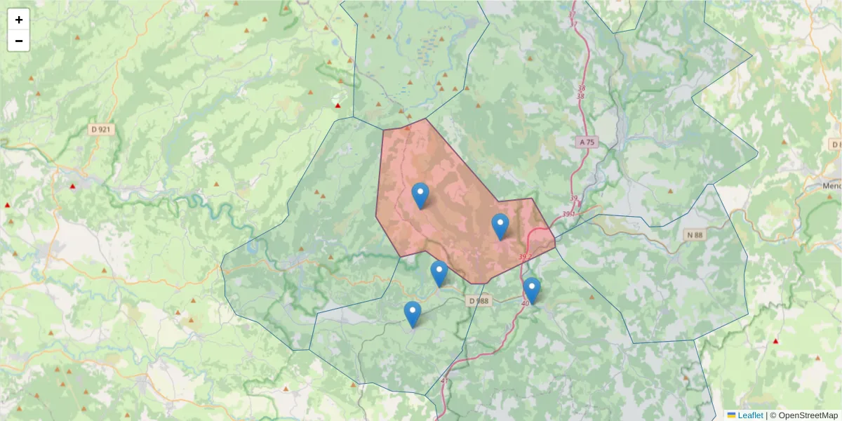 Carte de la zone du code postal  et des codes postaux voisins en France