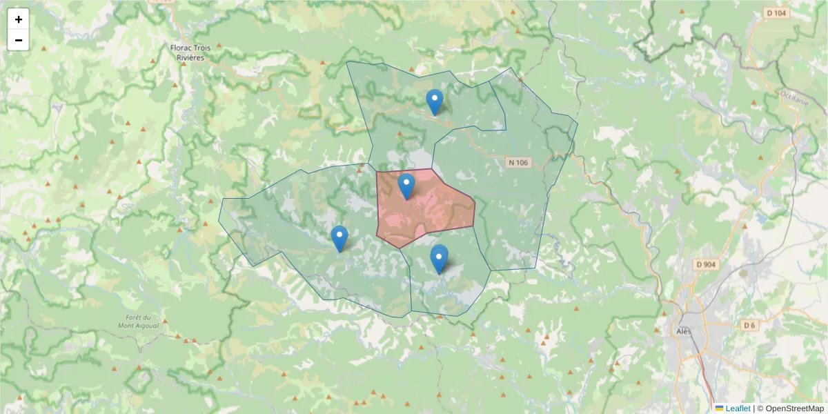 Carte de la zone du code postal  et des codes postaux voisins en France