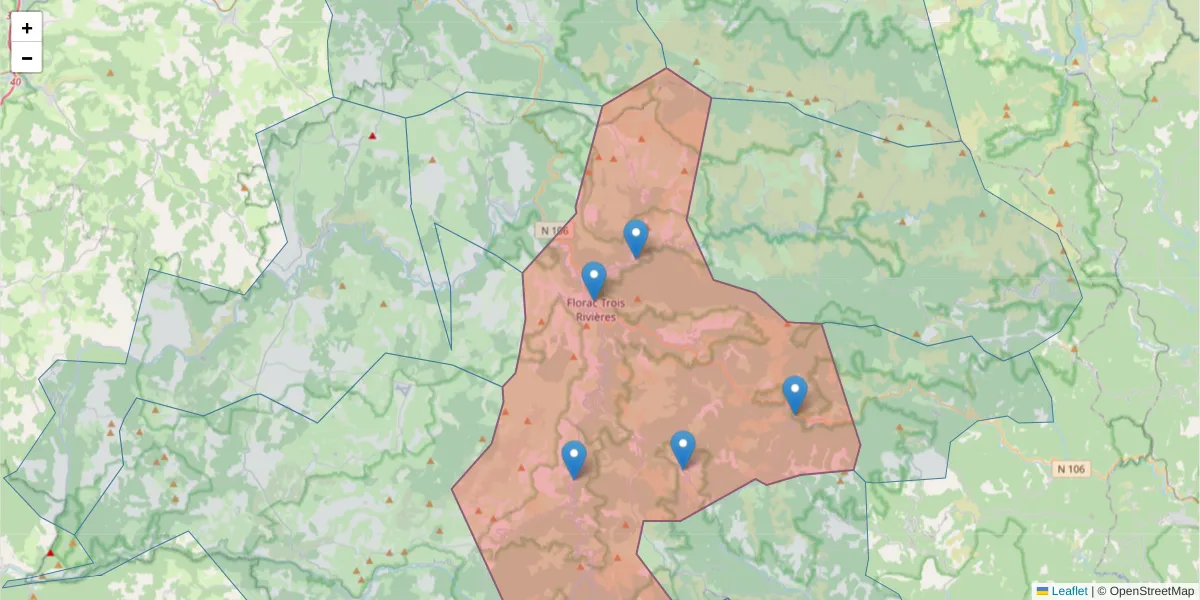 Carte de la zone du code postal  et des codes postaux voisins en France