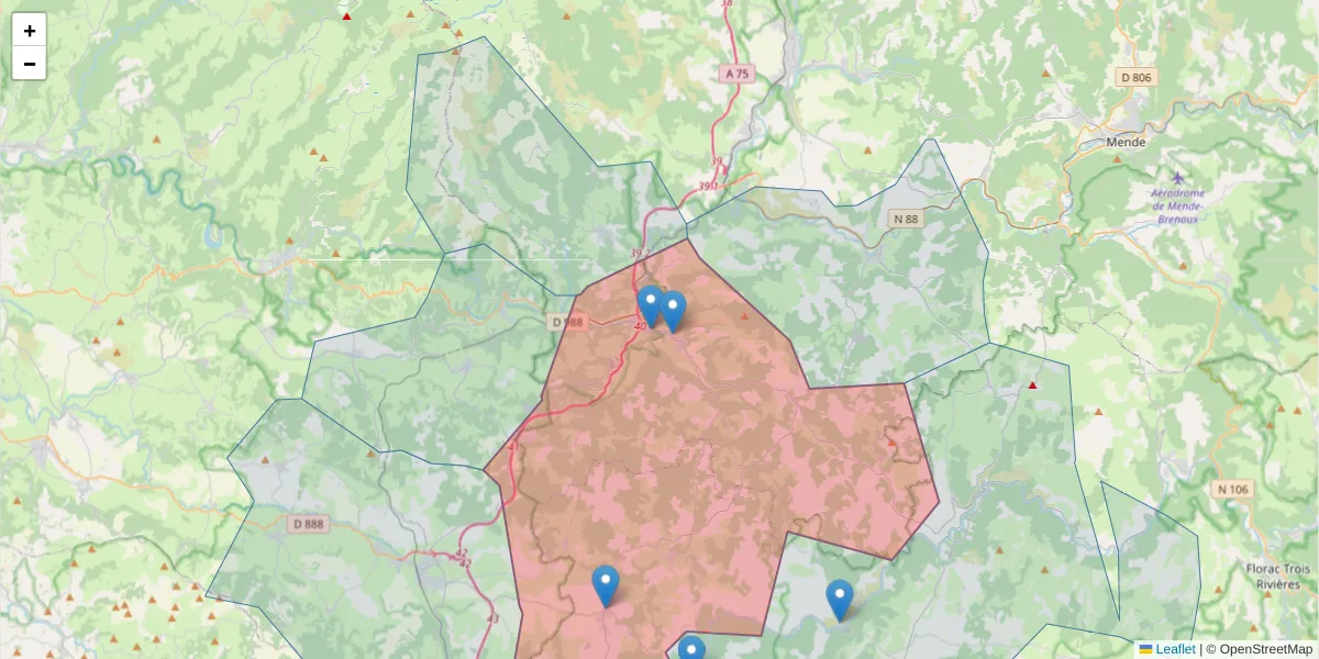 Carte de la zone du code postal  et des codes postaux voisins en France