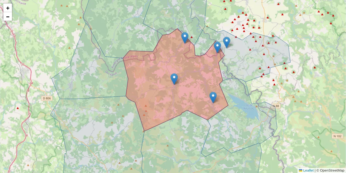 Carte de la zone du code postal  et des codes postaux voisins en France