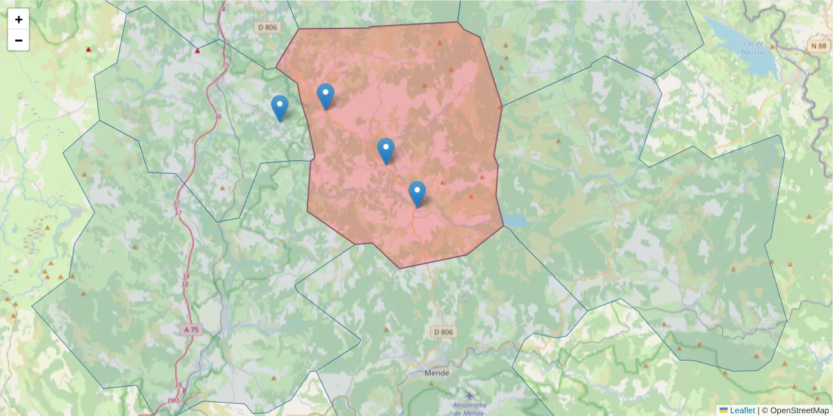 Carte de la zone du code postal  et des codes postaux voisins en France