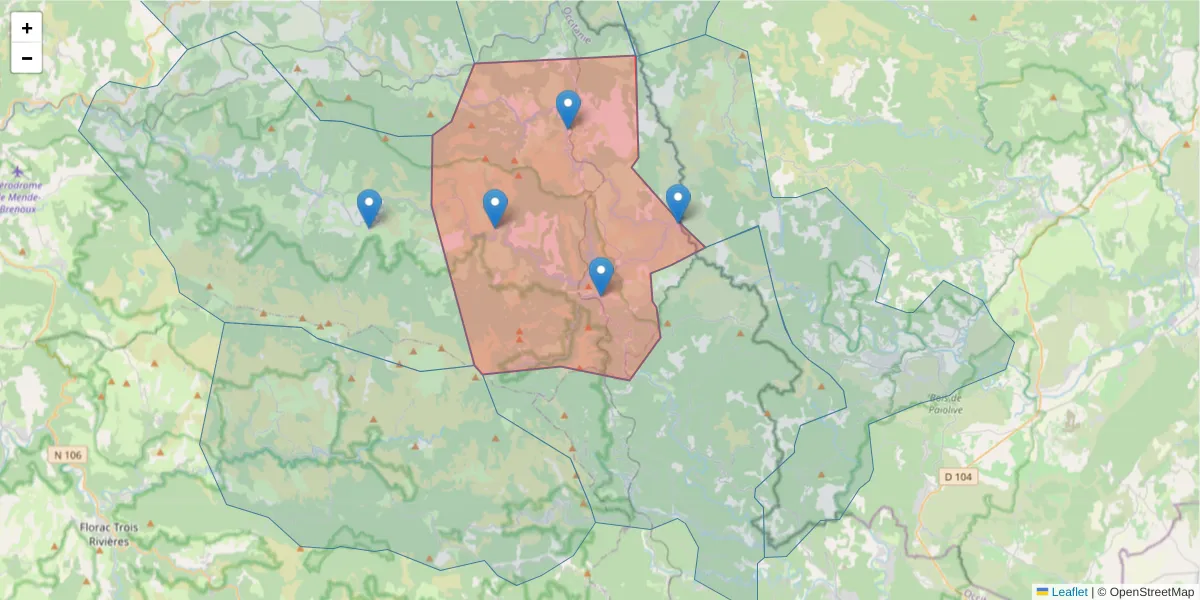 Carte de la zone du code postal  et des codes postaux voisins en France