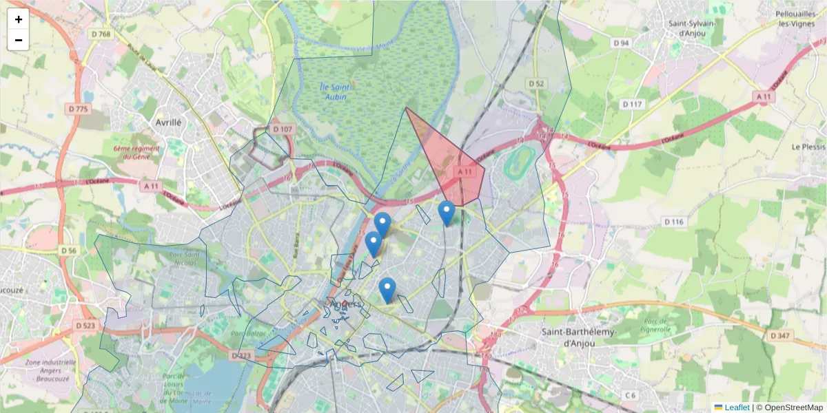 Carte de la zone du code postal  et des codes postaux voisins en France