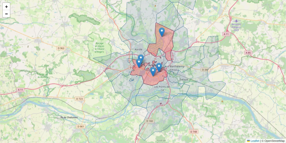 Carte de la zone du code postal  et des codes postaux voisins en France