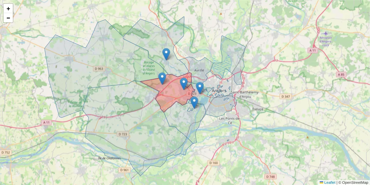 Carte de la zone du code postal  et des codes postaux voisins en France