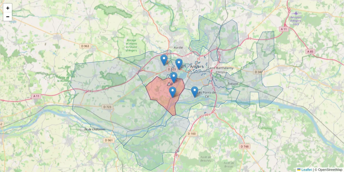 Carte de la zone du code postal  et des codes postaux voisins en France