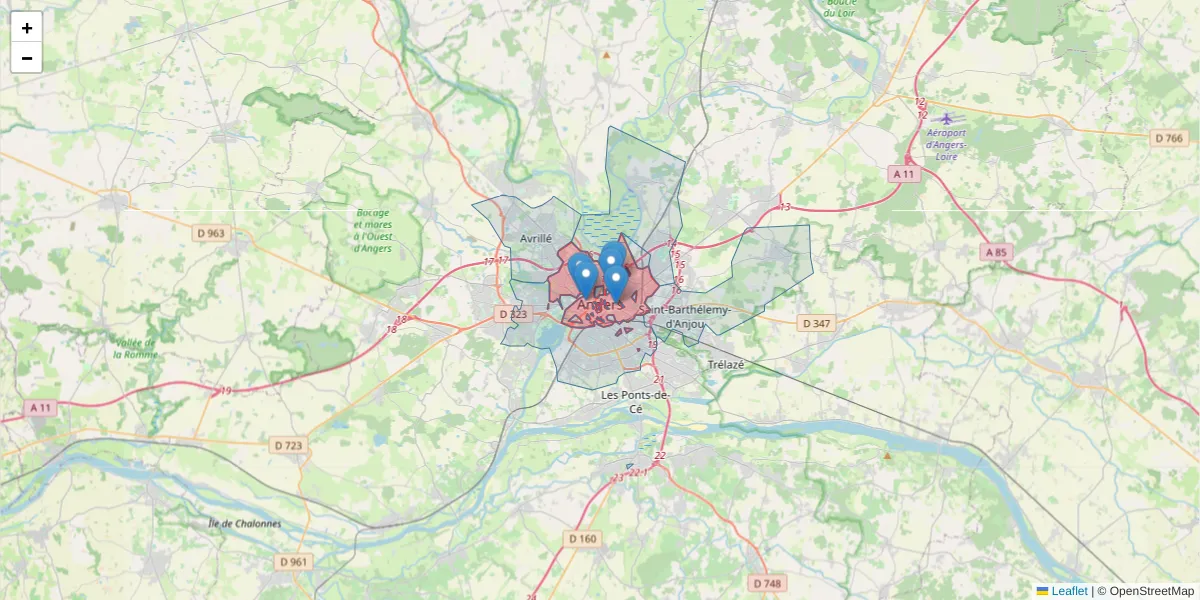 Carte de la zone du code postal  et des codes postaux voisins en France