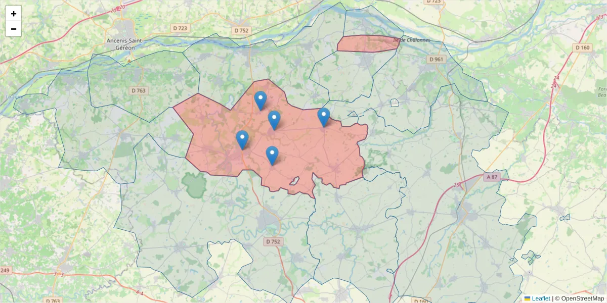 Carte de la zone du code postal  et des codes postaux voisins en France