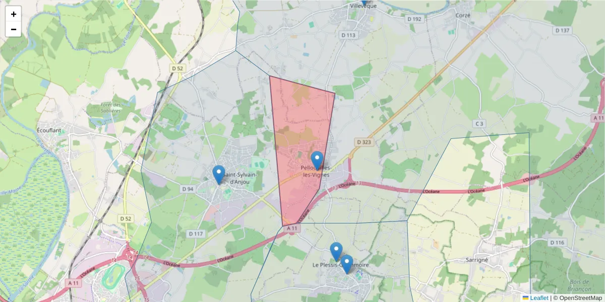 Carte de la zone du code postal  et des codes postaux voisins en France