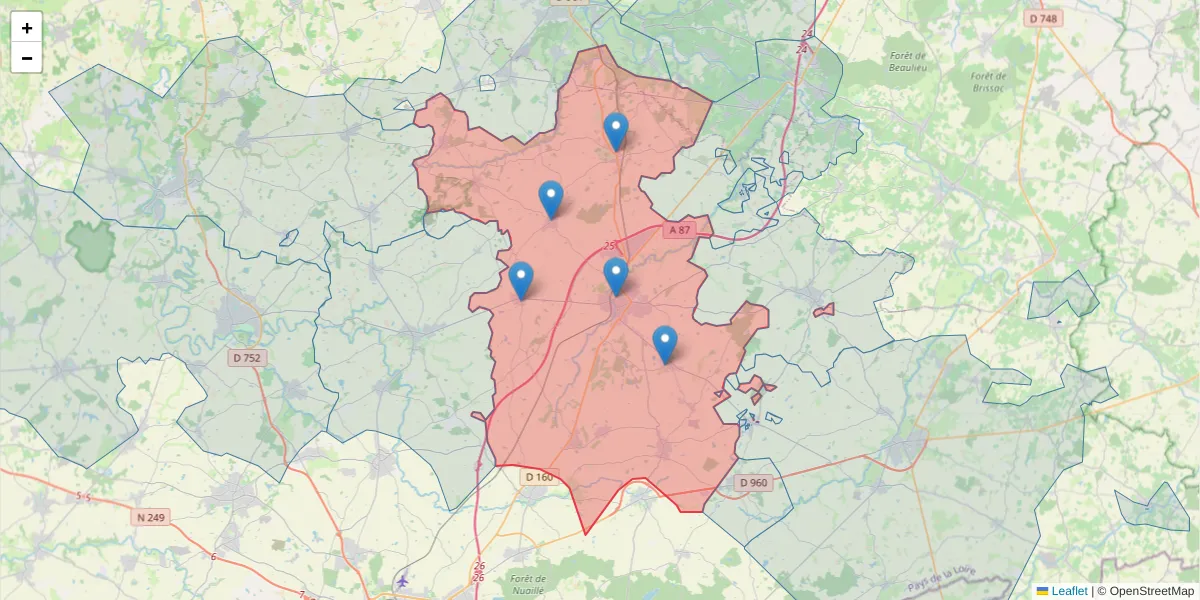 Carte de la zone du code postal  et des codes postaux voisins en France