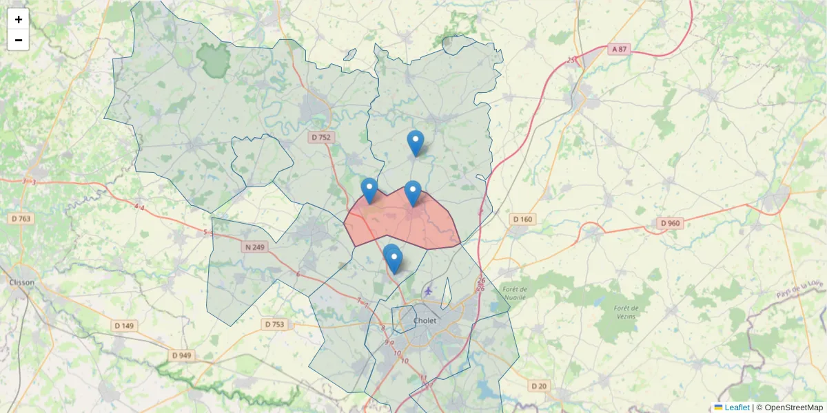 Carte de la zone du code postal  et des codes postaux voisins en France