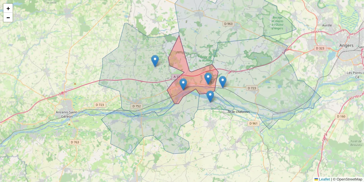 Carte de la zone du code postal  et des codes postaux voisins en France