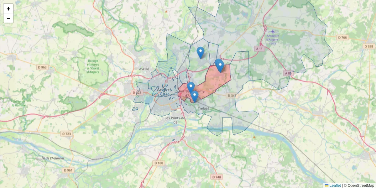 Carte de la zone du code postal  et des codes postaux voisins en France